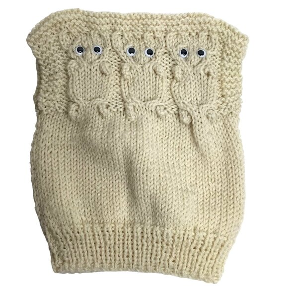 VTG 1950s Handmade Baby Sweater Cream Knit Owls Button Eyes Cotton 3-6M VBC - Picture 1 of 5